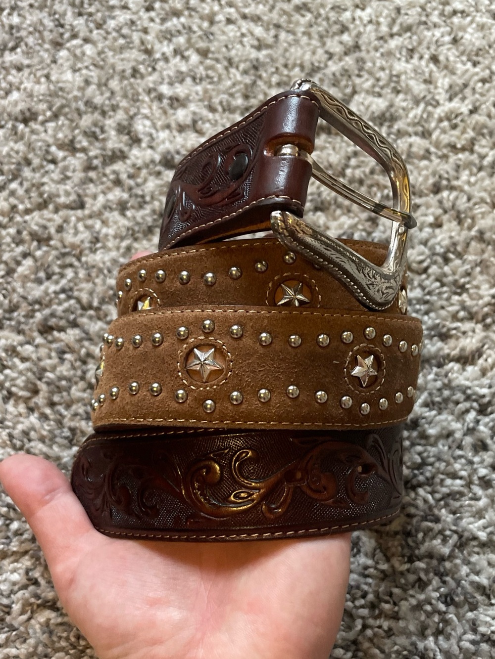 Tony Lama Mens Leather Belt Size 36 Brown Western Studded Silver Star Buckle